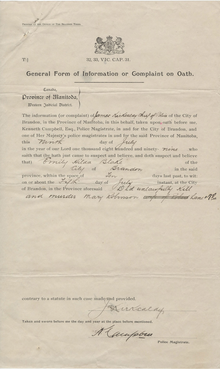 General Form of Information or Complaint on Oath