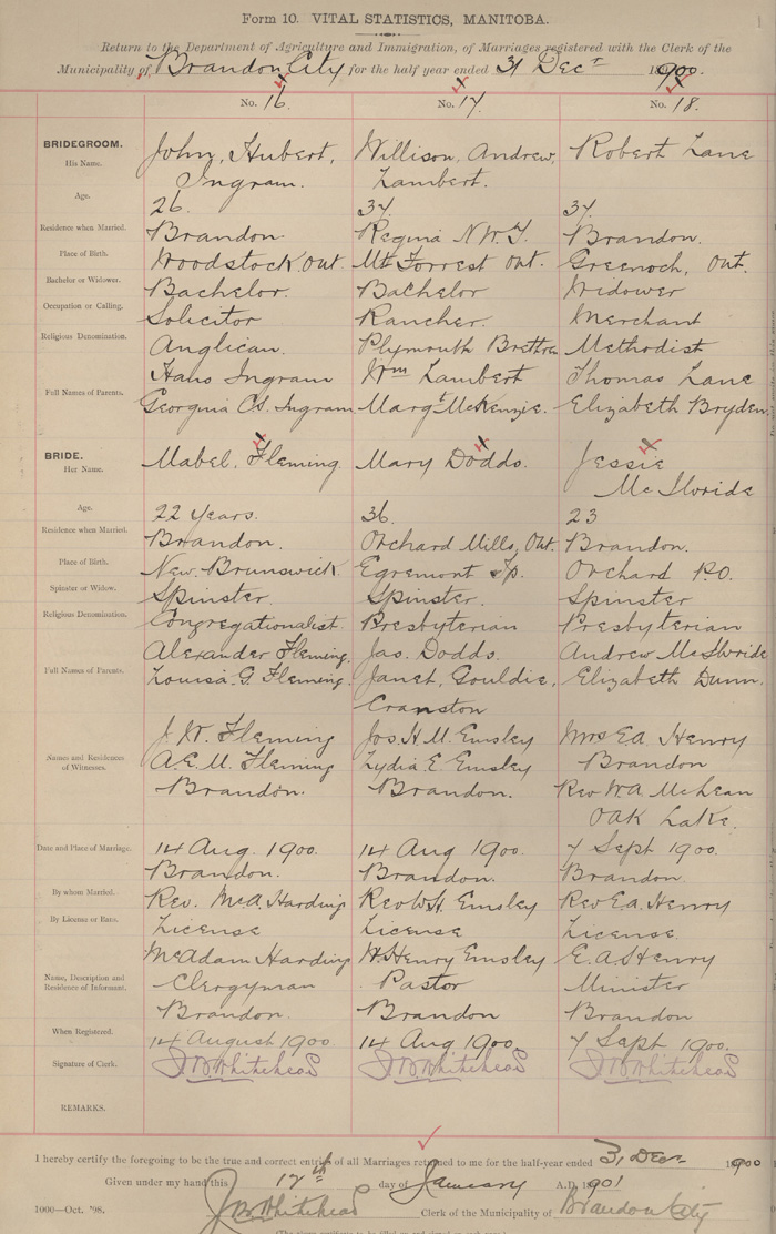 Certificat de mariage de Robert Lane et Jessie McIlvride, vers 1900
