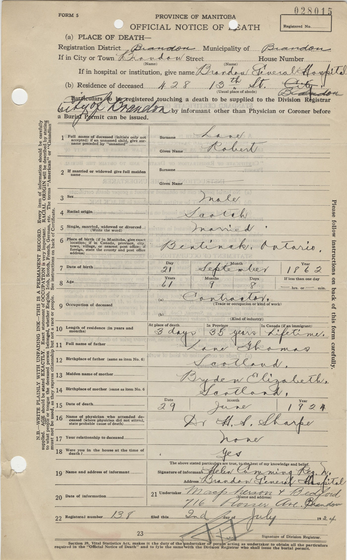 Certificat de dcs de Robert Lane, vers 1924