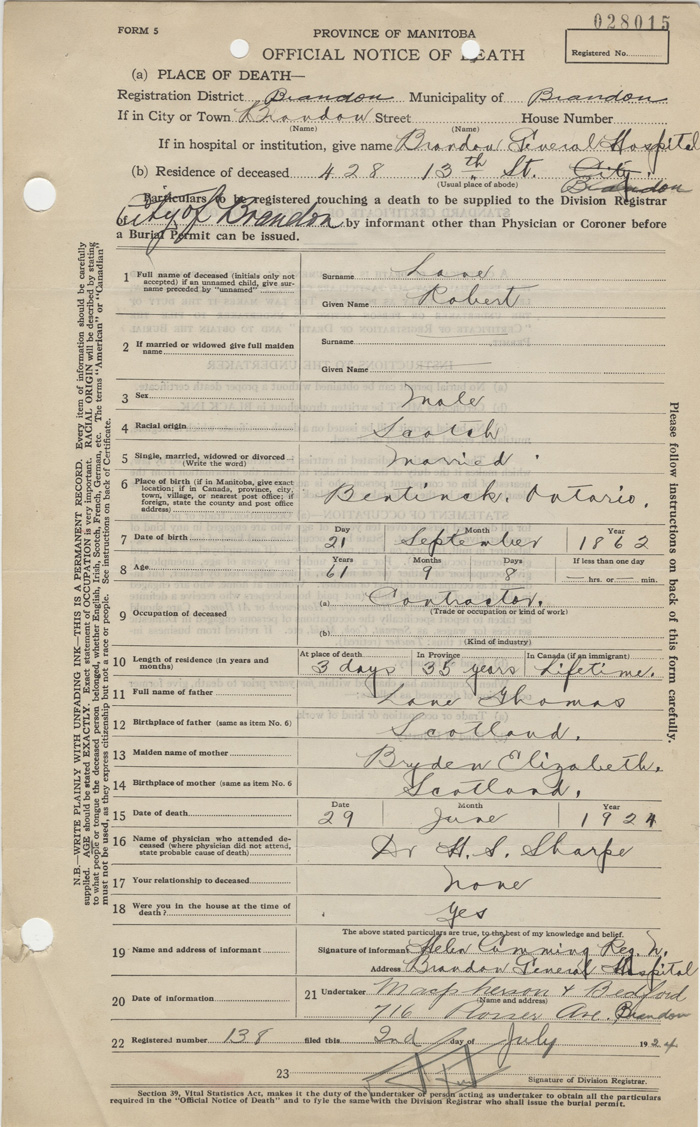 Notice of Death for Robert Lane, c. 1924