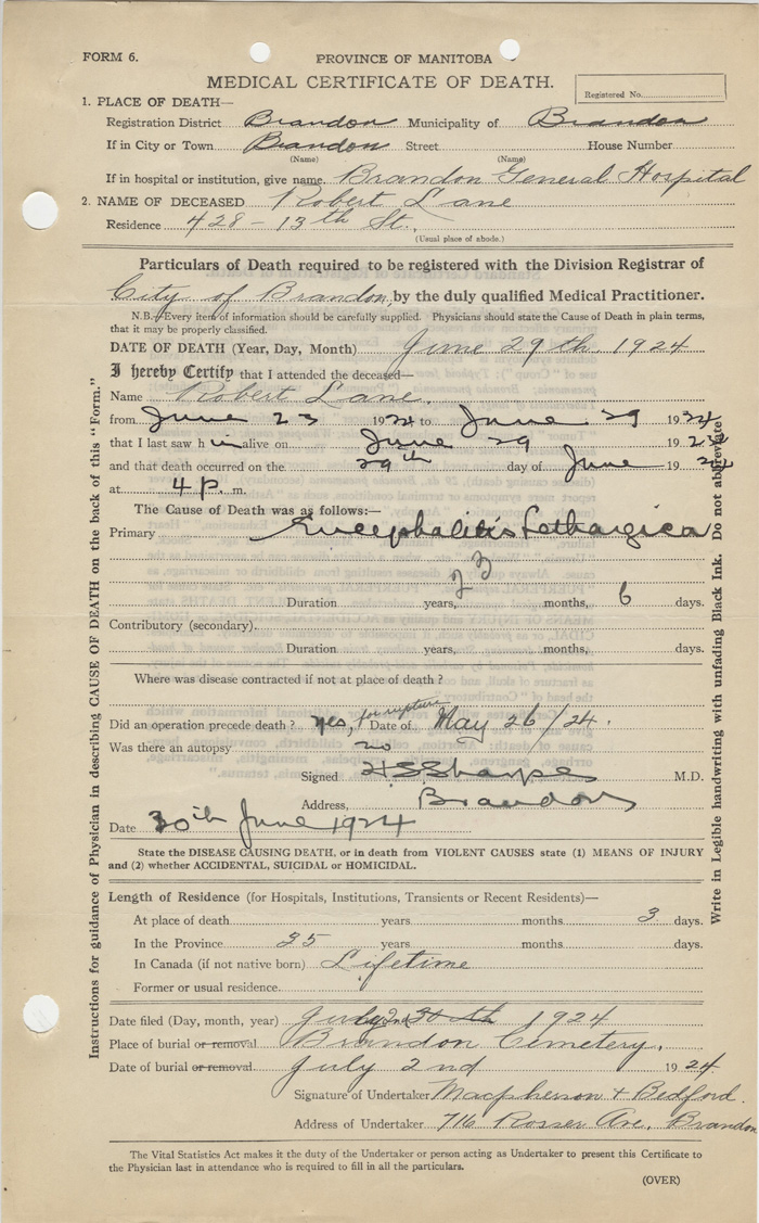 Medical Certificate of Death for Robert Lane, c. 1924