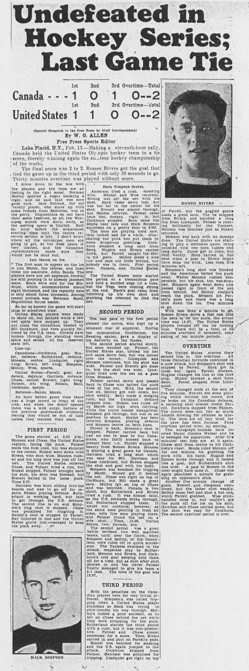 Rapport de partie : « Undefeated in Hockey Series; Last Game Tie » (« Invaincus lors des séries du hockey; égalité dans la dernière partie ») 