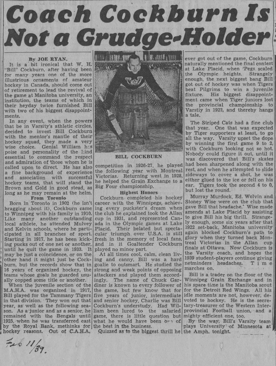 « Coach Cockburn is not a Grudge Holder » (« L’entraîneur Cockburn n’est pas rancunier »), 11 février 1939 