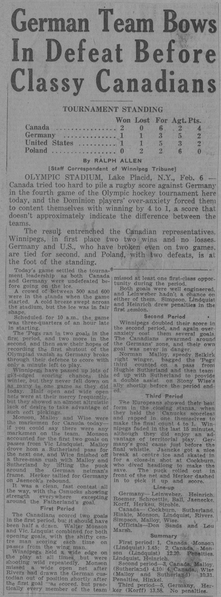 « German Team Bows in Defeat Before Classy Canadians » (« L’équipe allemande s’incline devant le jeu tout en classe des Canadiens ») 