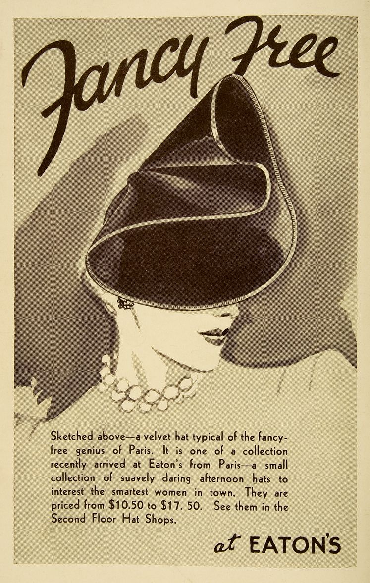 Publicit « Fancy Free » du magasin Eaton's pour des chapeaux.