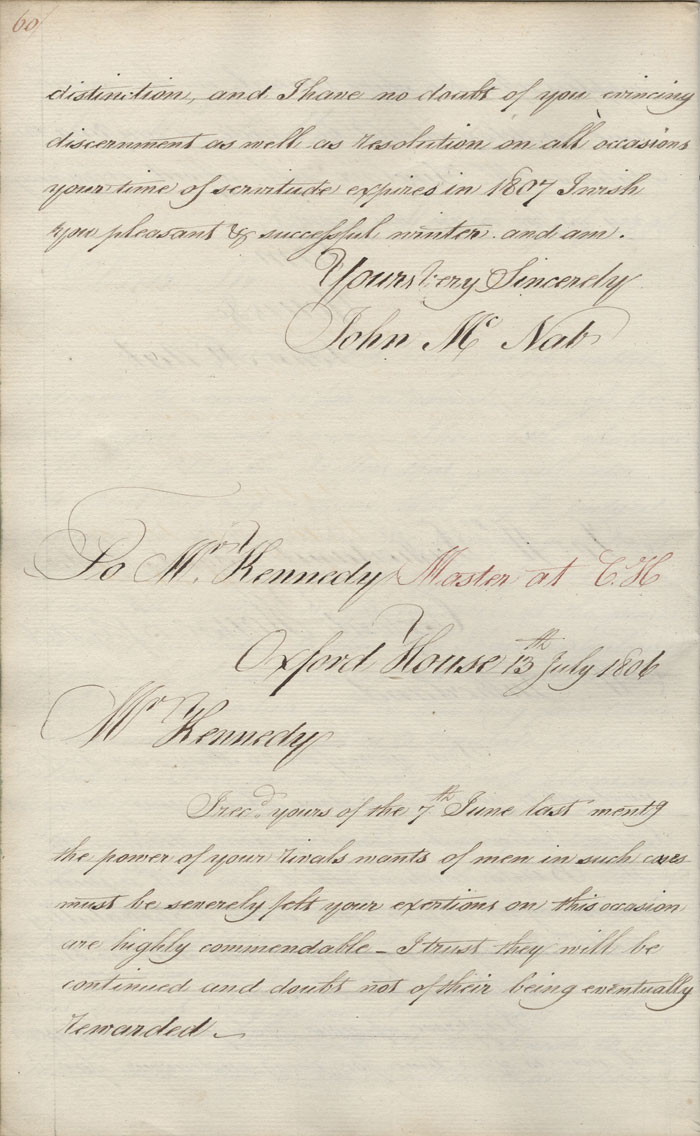 Lettre de John McNab  Alexander Kennedy, 13 juillet 1806