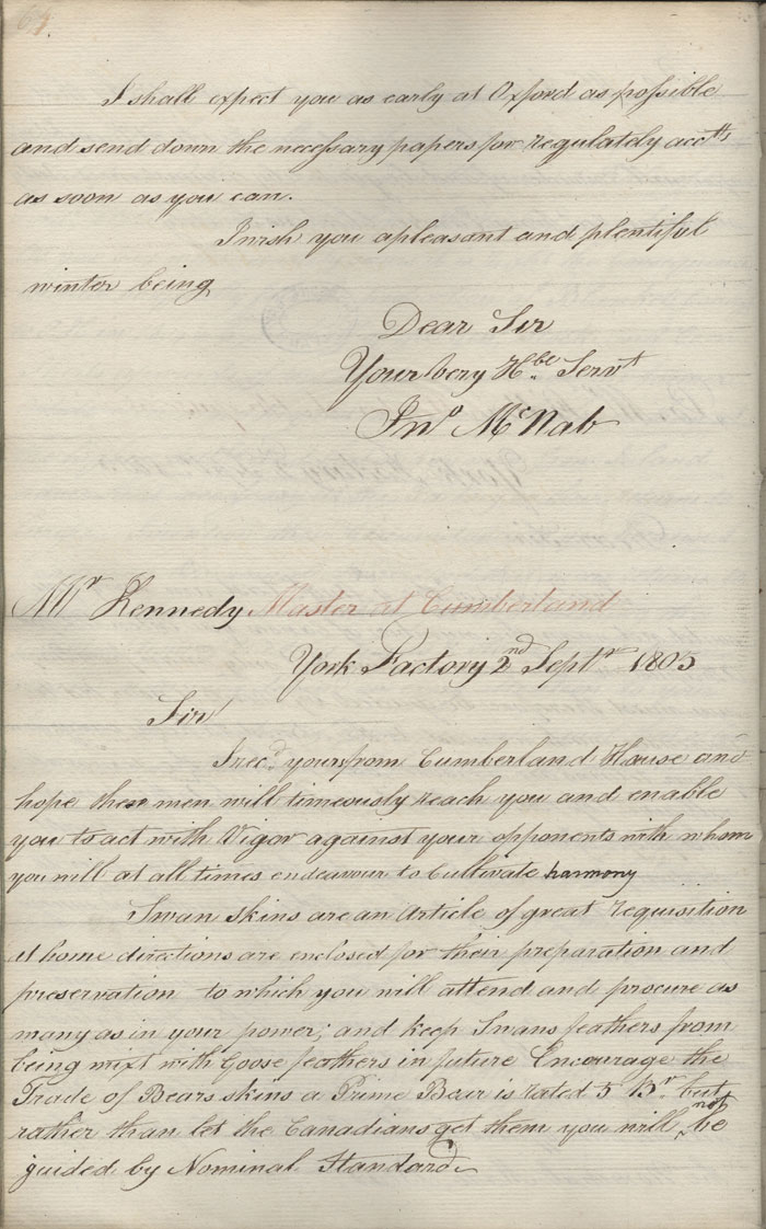 Lettre de John McNab  Alexander Kennedy, 2 septembre 1805