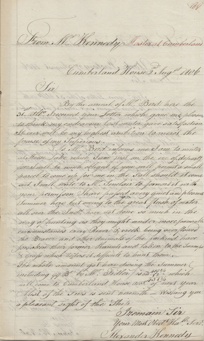 Lettre d'Alexander Kennedy  John McNab, 2 aot 1806