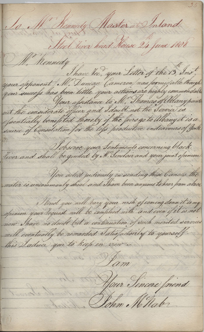 Lettre de John McNab  Alexander Kennedy, 24 juin 1808