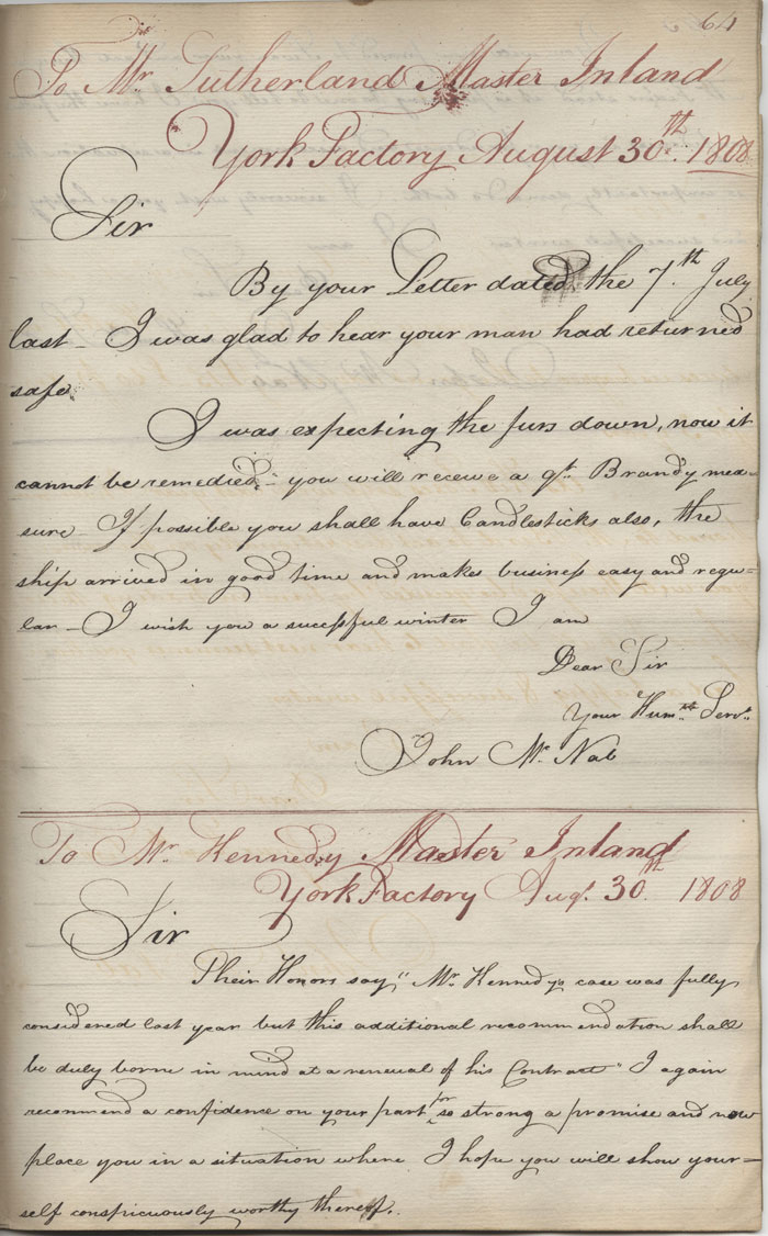 Lettre de John McNab  Alexander Kennedy, 30 aot 1808