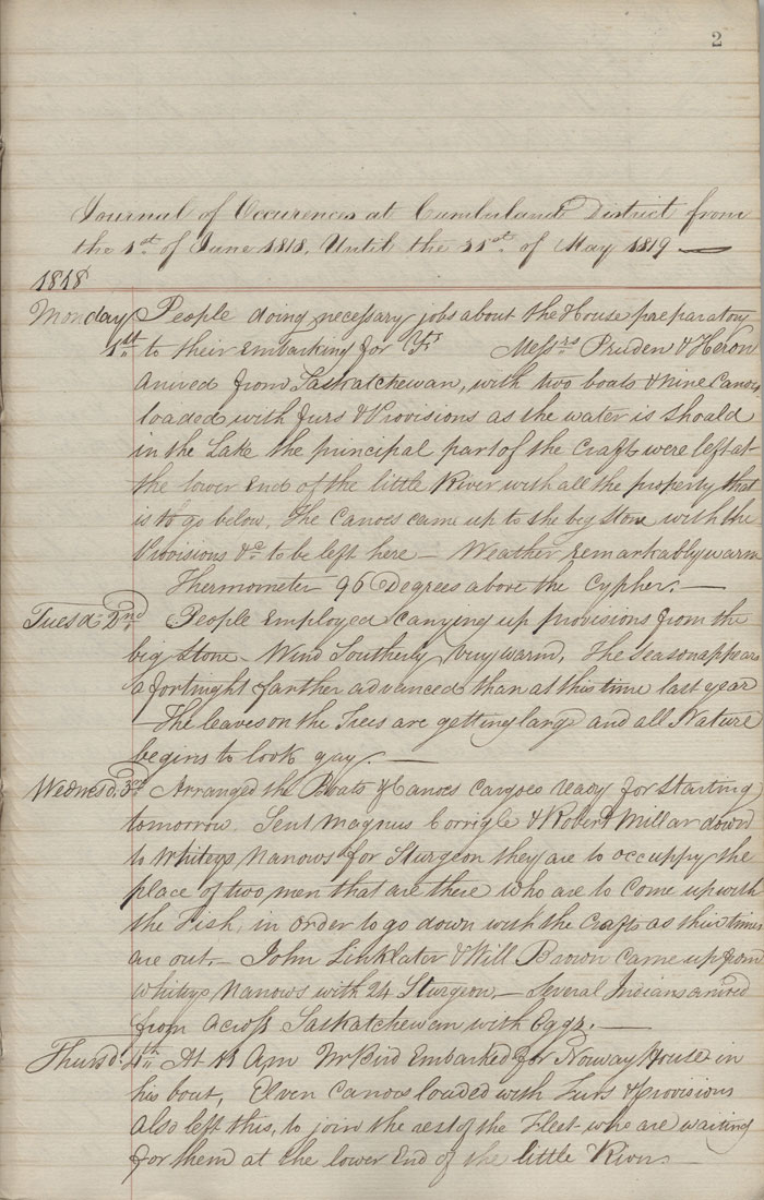 Journal du poste de Cumberland House, 1818