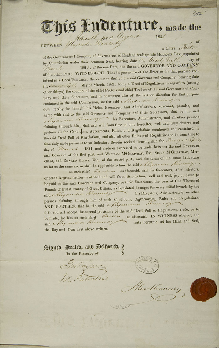 Contrat de Kennedy avec la Compagnie de la Baie d'Hudson, 1821