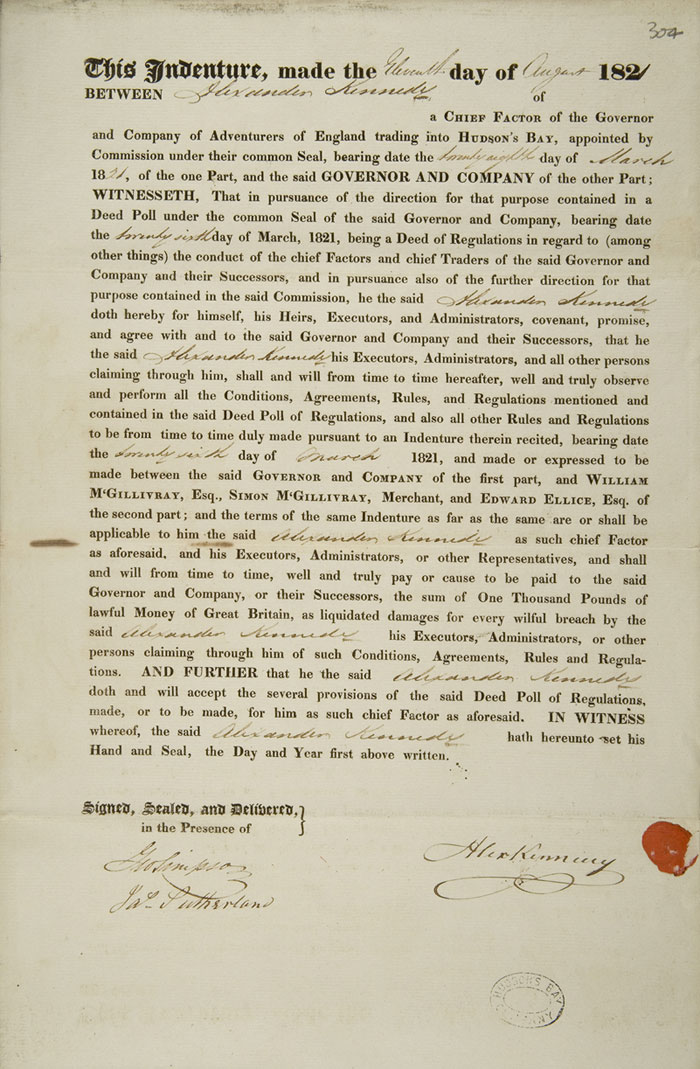 Contrat de Kennedy avec la Compagnie de la Baie d'Hudson, 1821