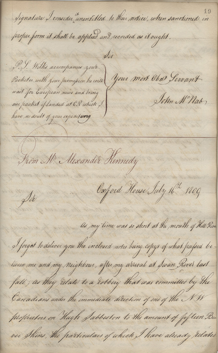 Lettre d'Alexander Kennedy  John McNab, 16 juillet 1809