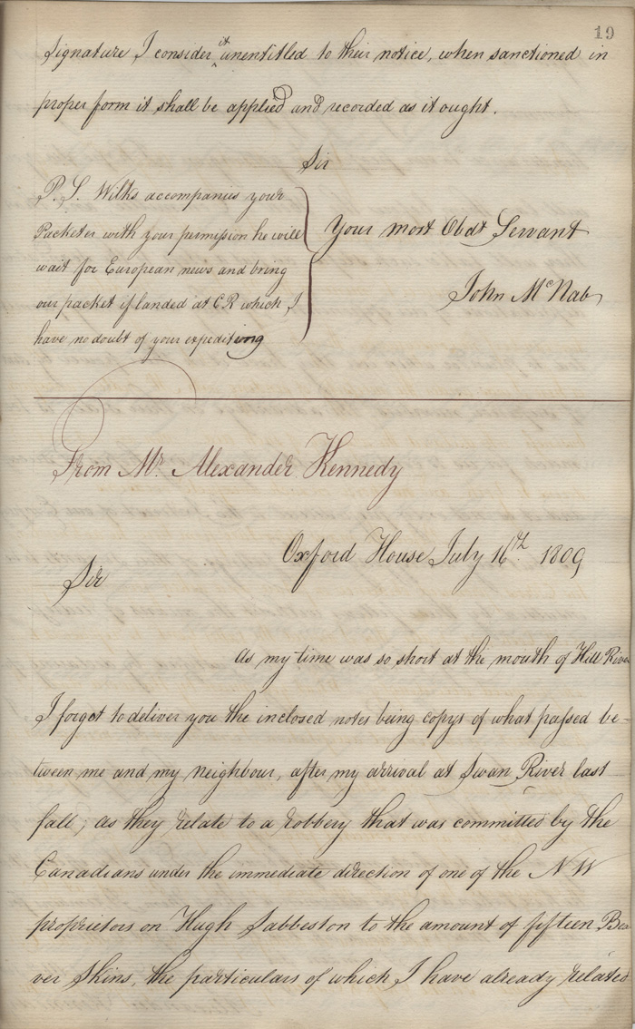 Lettre d'Alexander Kennedy  John McNab, 16 juillet 1809