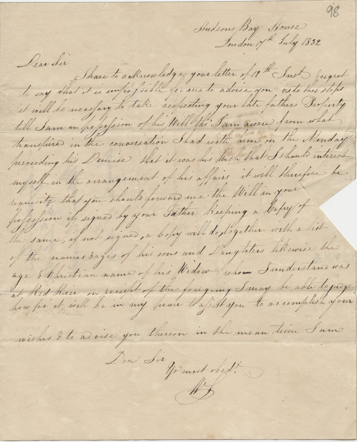 Correspondence regarding Alexander Kennedy's will