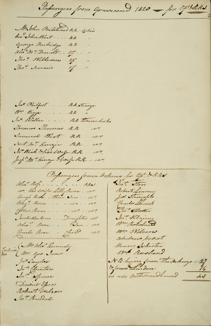 Eddystone's passenger list, 1820