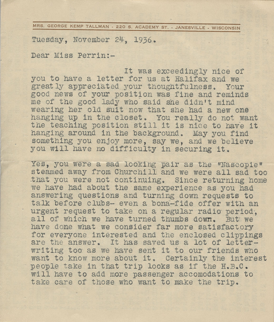 Letter from Alice M. Tallman