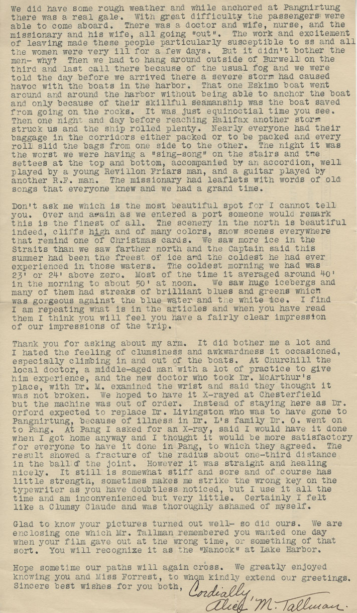 Lettre d’Alice M. Tallman