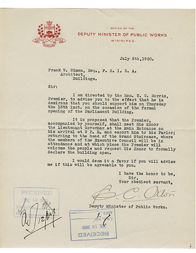 Letter from the Deputy Minister of Public Works, dated July 8, 1920, inviting Frank Simon, Architect, to the formal opening of the Parliament Building