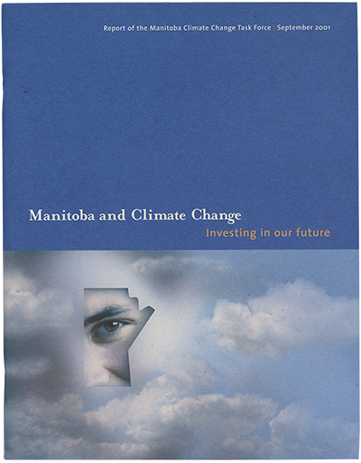 cover of report. The image of a closeup of a person's eye is overlayed over the geographic shape of the province of Manitoba. Clouds and sky are in the background.