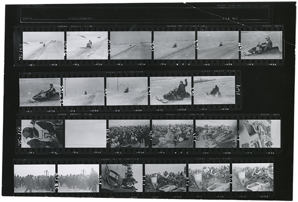 film strip with images of snowmobilers racing